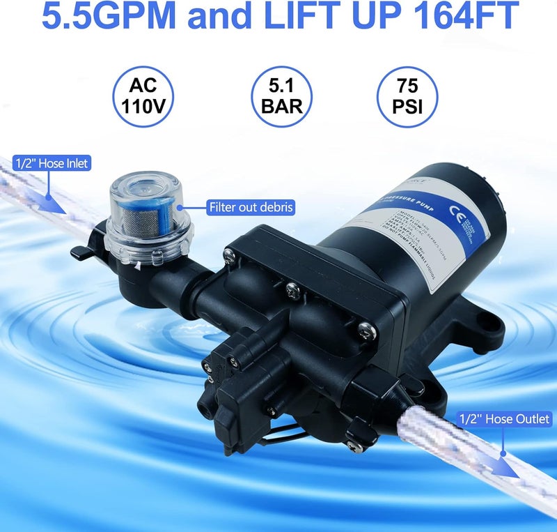 TDRSUPER Water Pressure Booster Pump, 110V AC Water Diaphragm Pump, 5.5GPM 75PSI with Power Plug, Self Priming RV Water Pump for Home Kitchen Bathroom RV Marine Yacht Garden Hose Black - Image 2